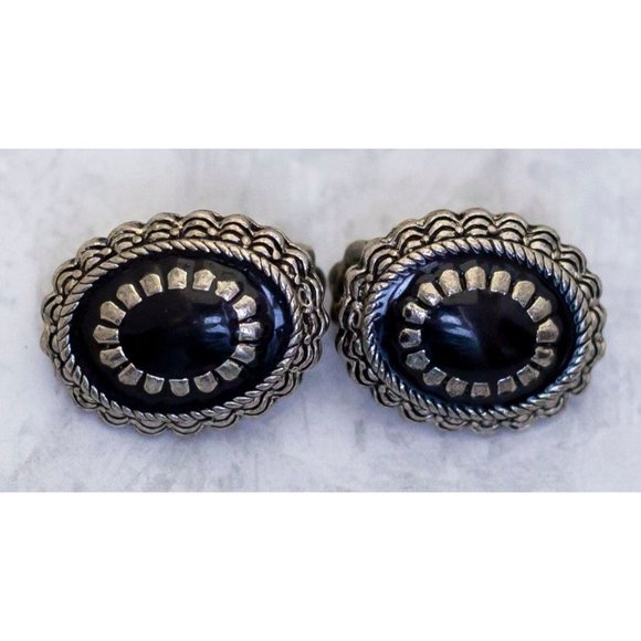 Vintage Silver Tone Black Oval Edwardian Clip On Earrings - CF1 - Picture 2 of 3